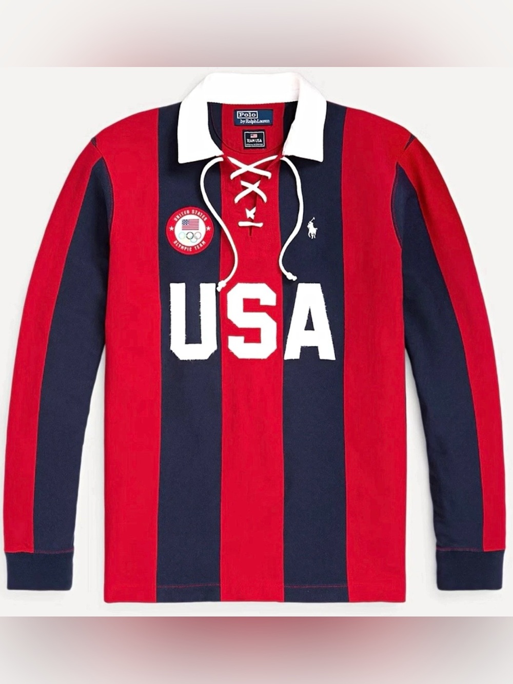 Polo Ralph Lauren Team USA Tie-Placket Rugby Polo Shirt Sz L Red/Navy Stripe